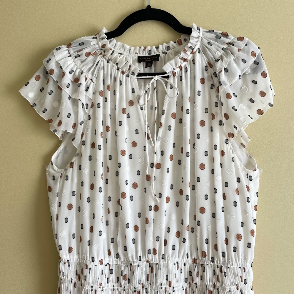 Anthro Current Air Pleated Women Medium Dress Smoked Waist Cottage Clip Dot - Picture 3 of 14